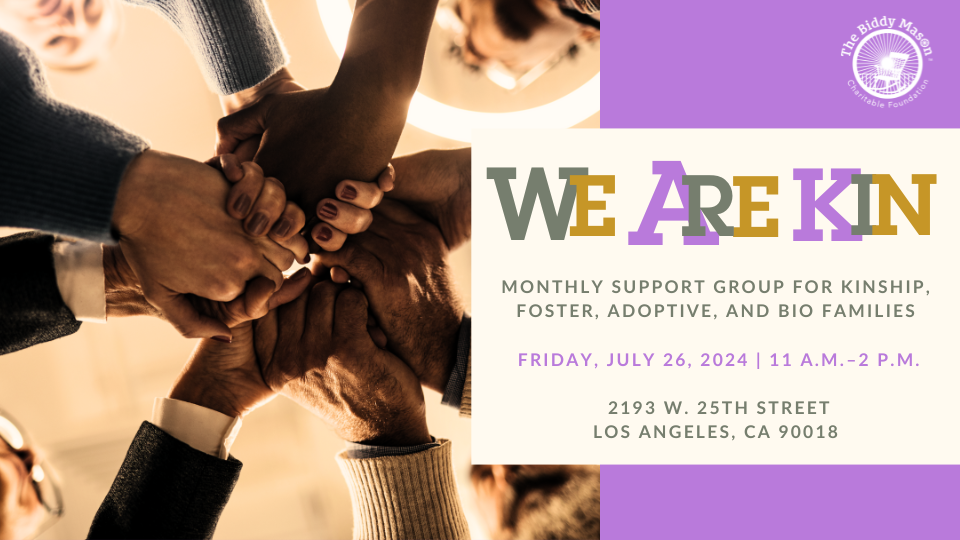 promotional image for We Are Kin support group, includes a photo of a multiracial group of people clasping each other's hands.